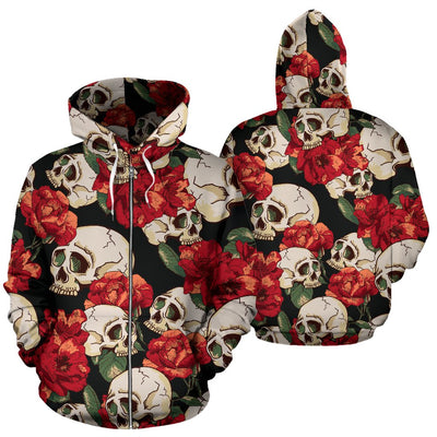Skull Red Rose All Over Zip Up Hoodie