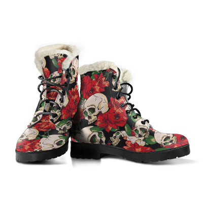 Skull Red Rose Faux Fur Leather Boots