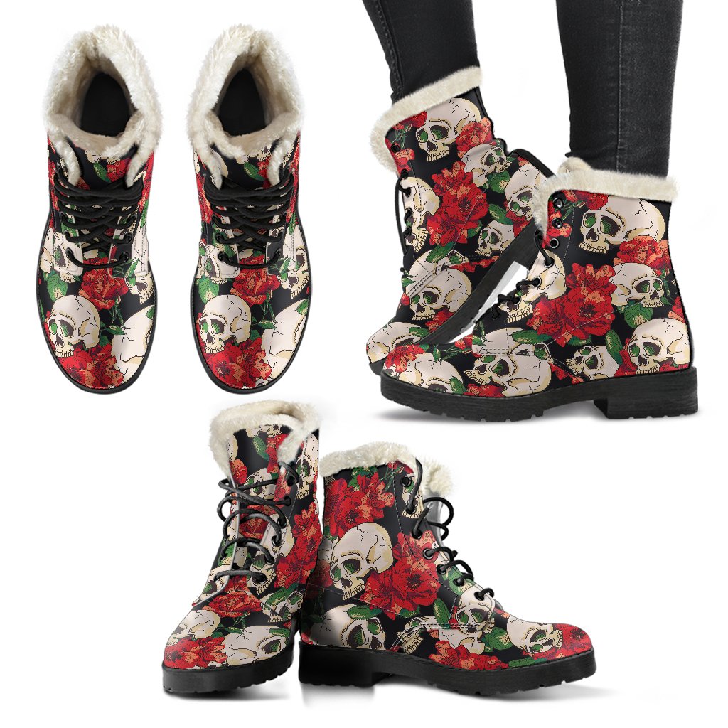 Skull Red Rose Faux Fur Leather Boots