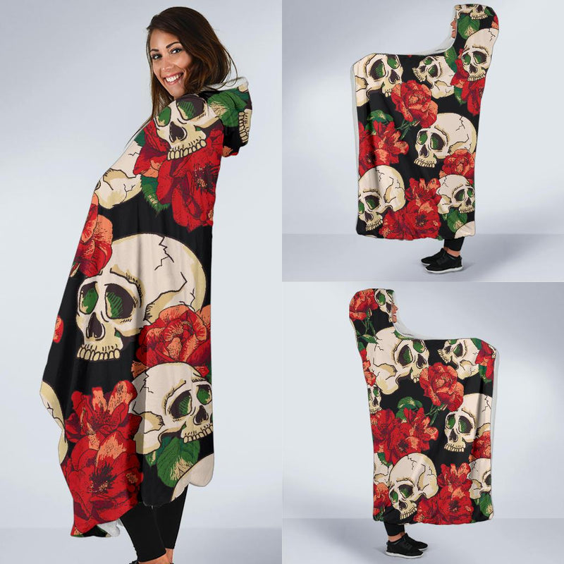 Skull Red Rose Hooded Blanket-JORJUNE.COM