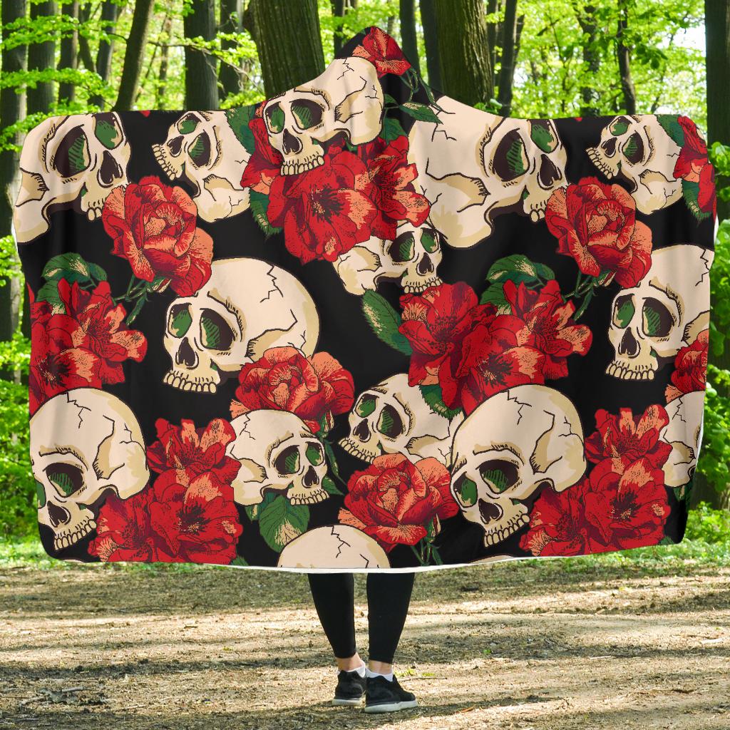 Skull Red Rose Hooded Blanket-JORJUNE.COM