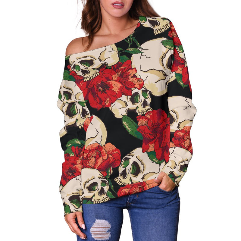 Skull Red Rose Off Shoulder Sweatshirt