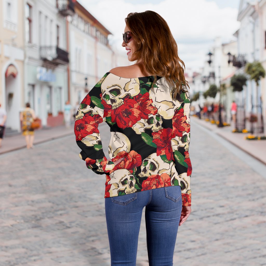 Skull Red Rose Off Shoulder Sweatshirt