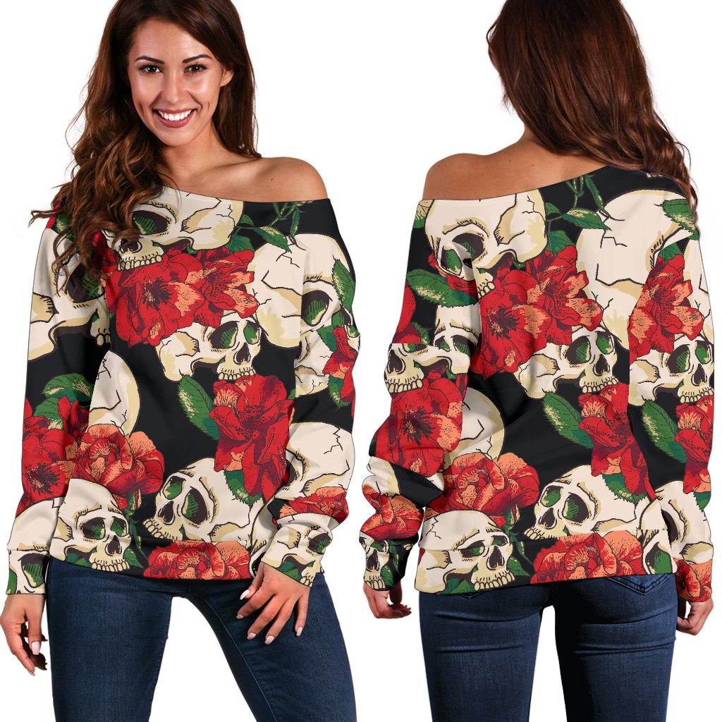 Skull Red Rose Off Shoulder Sweatshirt