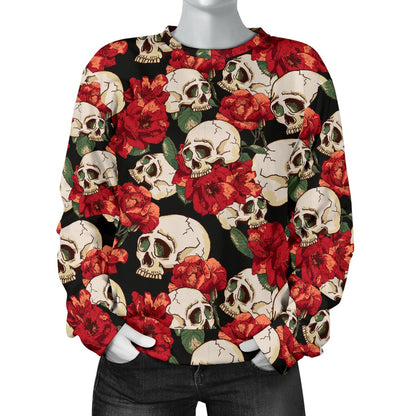 Skull Red Rose Women Crewneck Sweatshirt