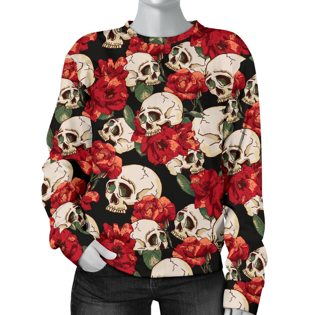 Skull Red Rose Women Crewneck Sweatshirt