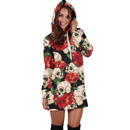 Skull Red Rose Women Hoodie Dress