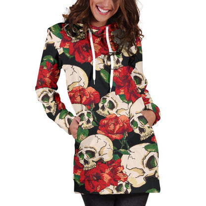 Skull Red Rose Women Hoodie Dress