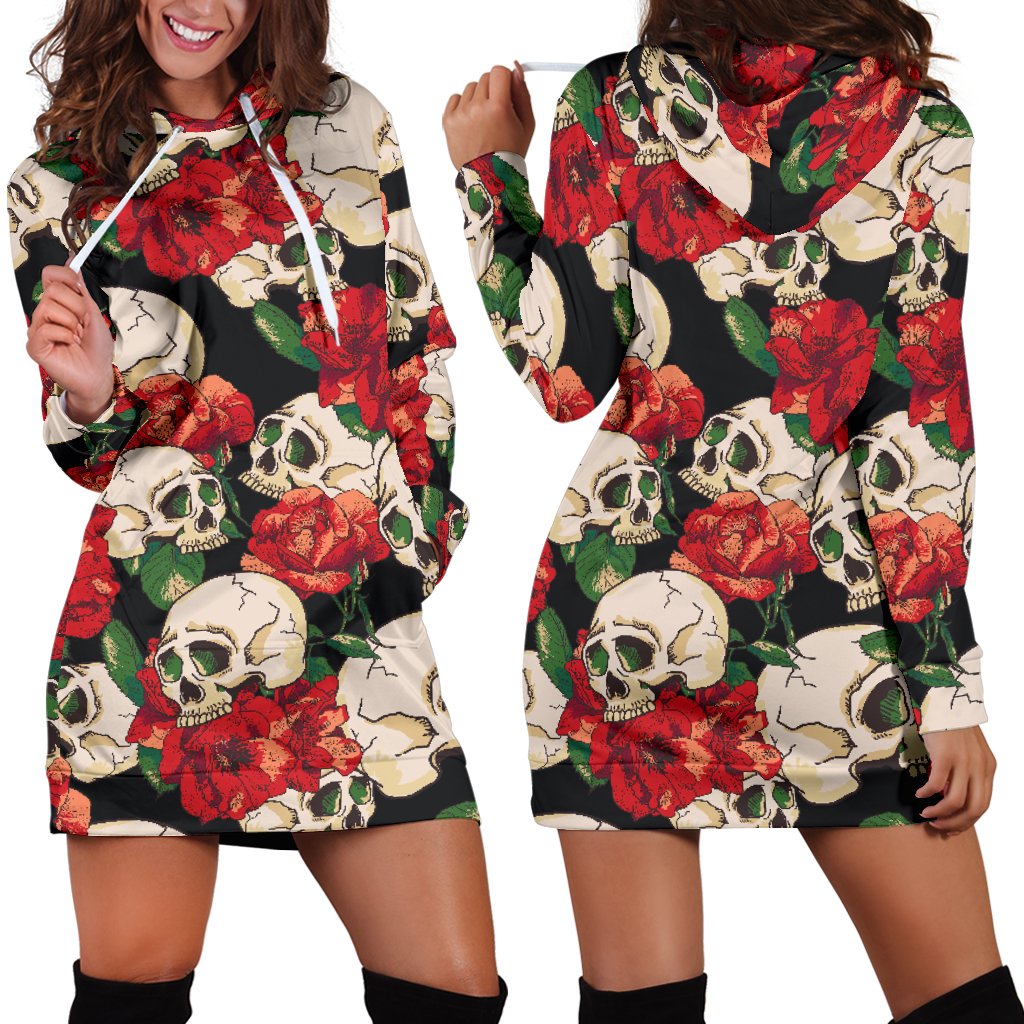 Skull Red Rose Women Hoodie Dress