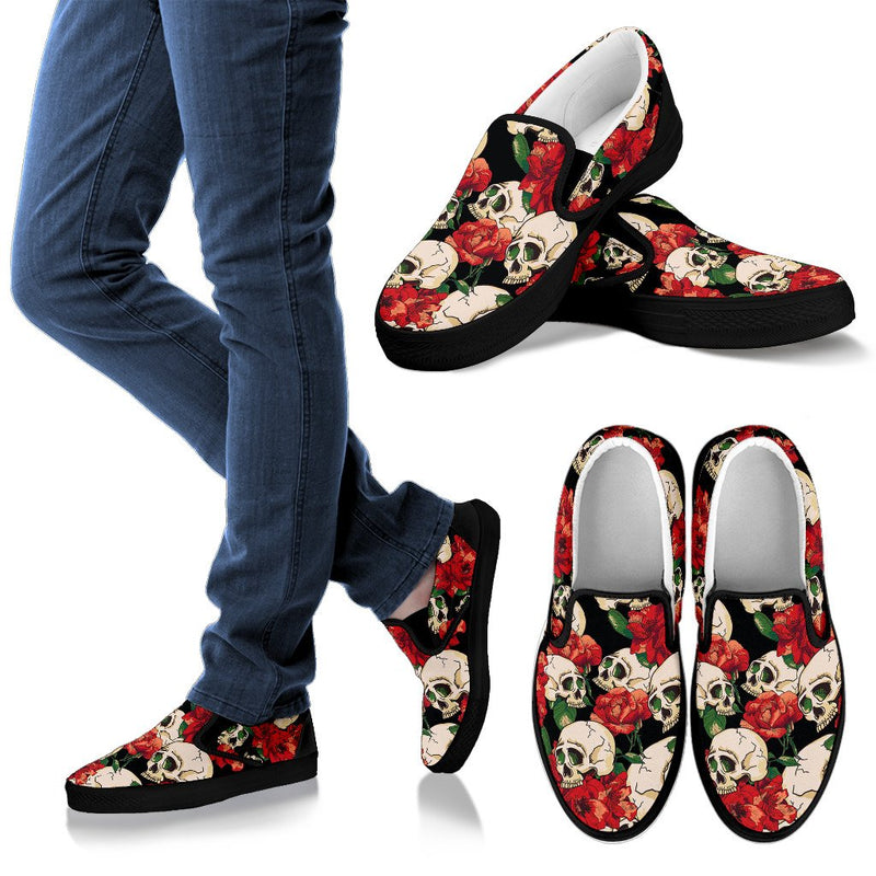 Skull Red Rose Women Slip On Shoes