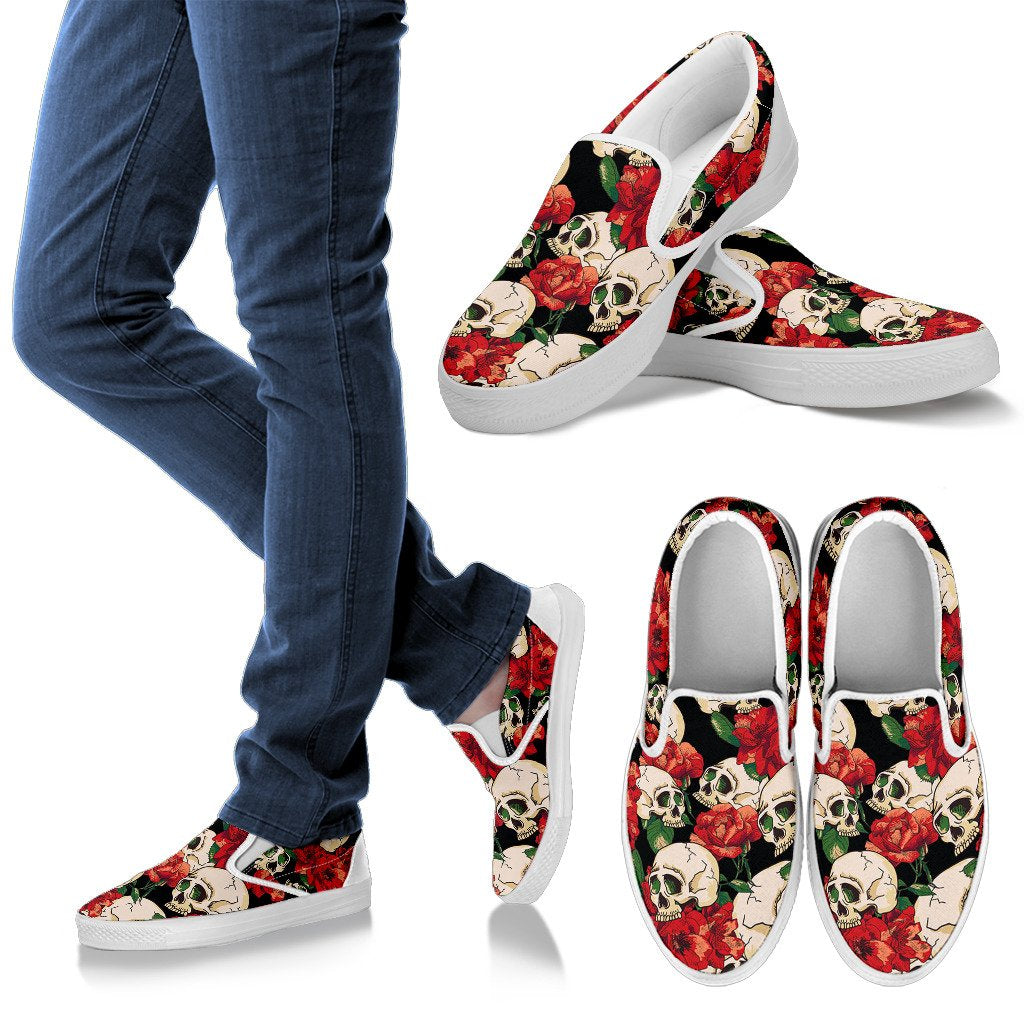 Skull Red Rose Women Slip On Shoes