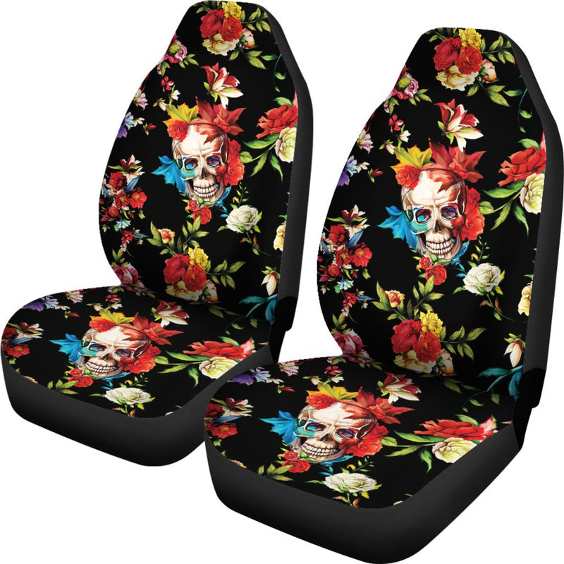 Skull Roses Flower Design Themed Print Universal Fit Car Seat Covers-JorJune