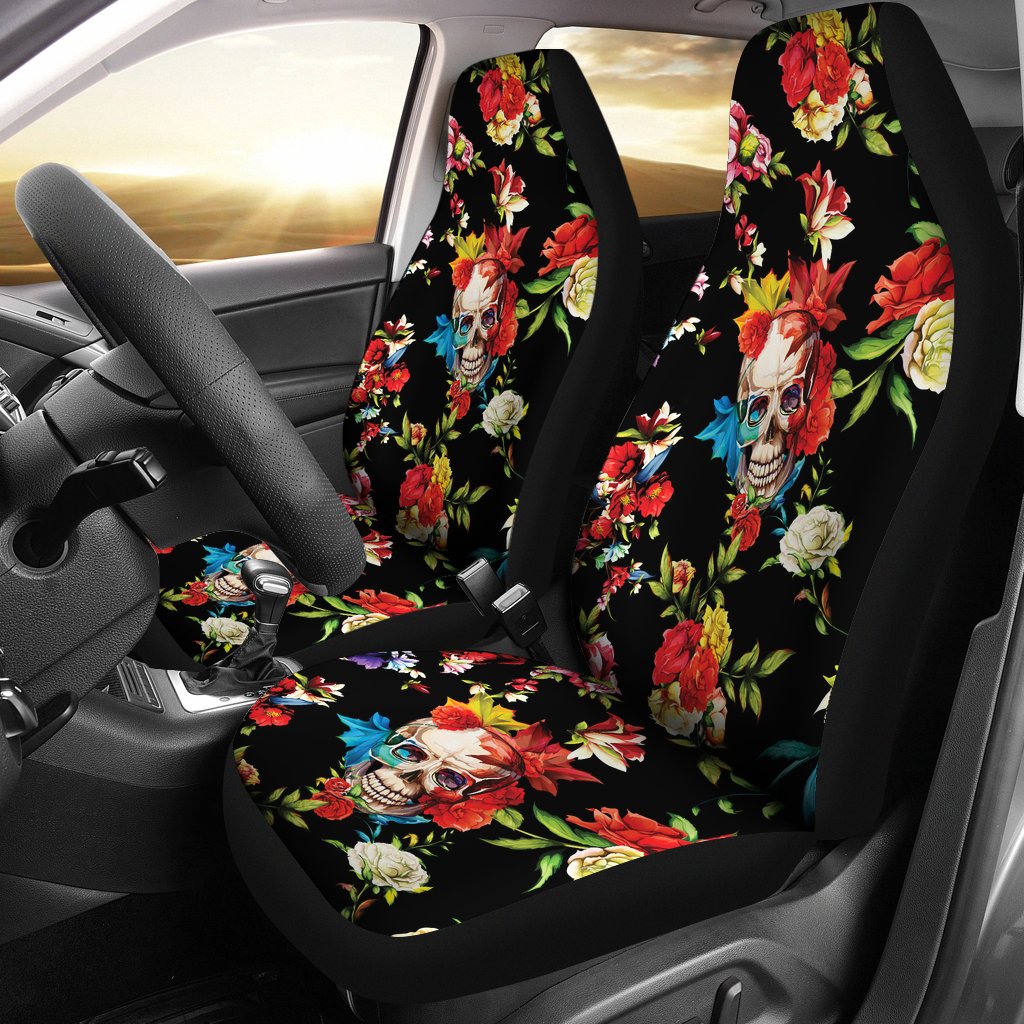 Skull Roses Flower Design Themed Print Universal Fit Car Seat Covers-JorJune