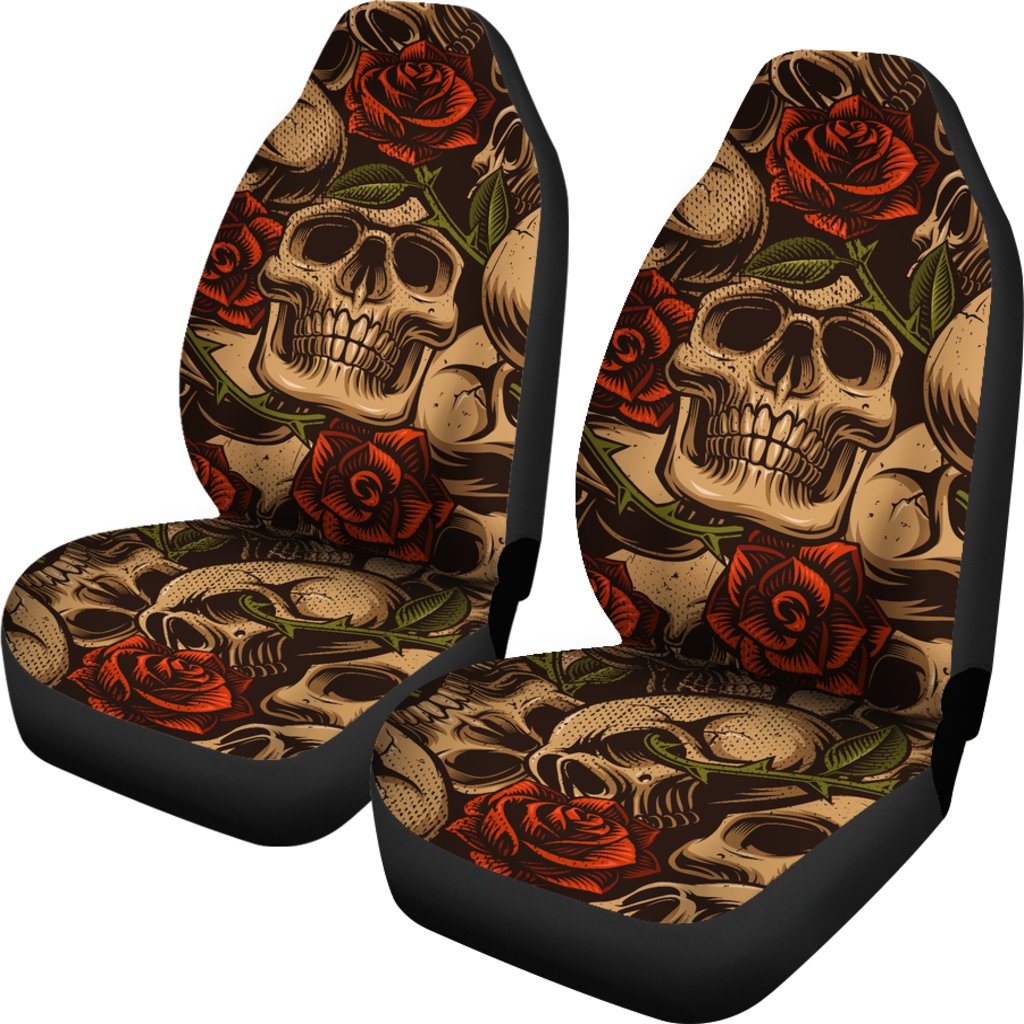 Skull Roses Vintage Design Themed Print Universal Fit Car Seat Covers-JorJune