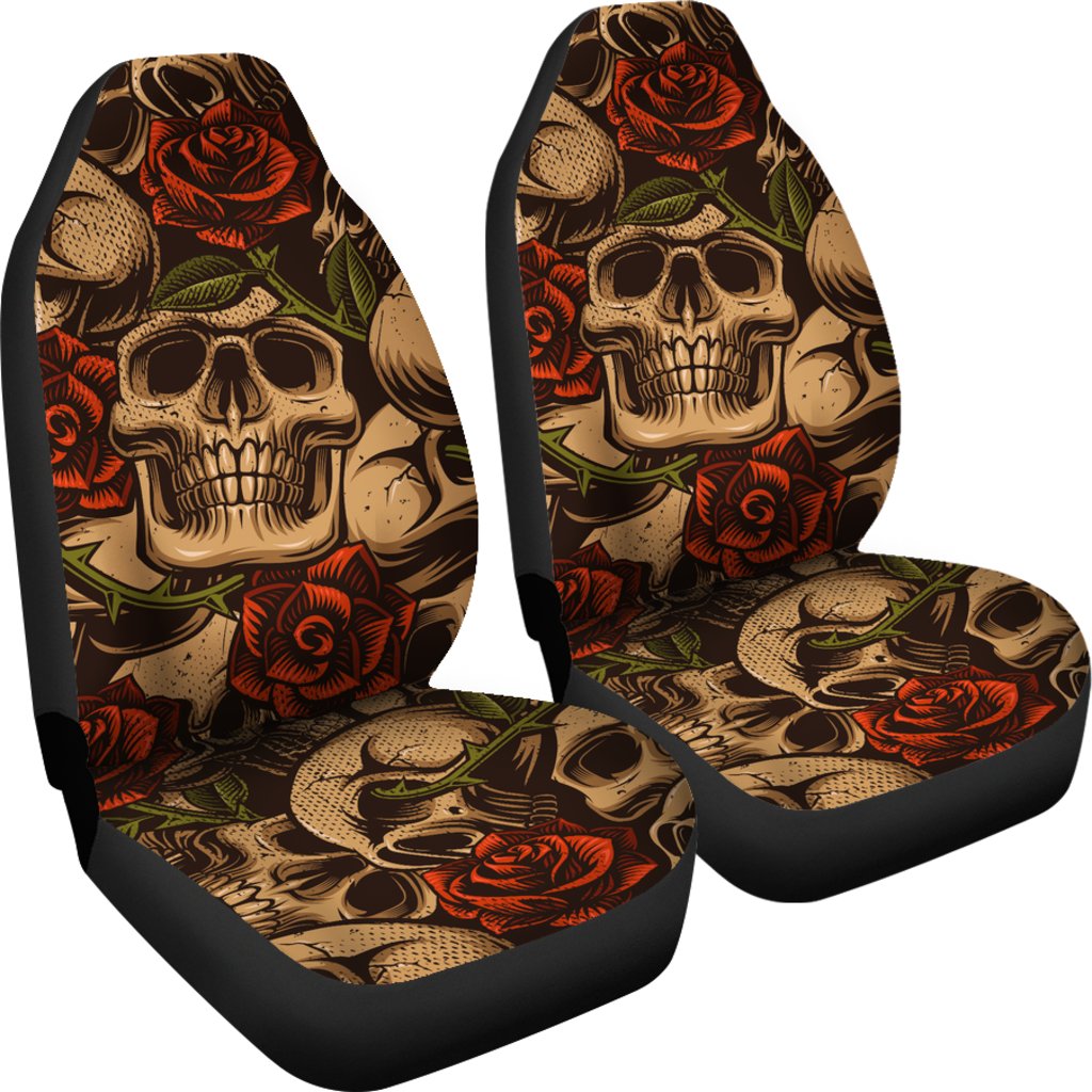 Skull Roses Vintage Design Themed Print Universal Fit Car Seat Covers-JorJune