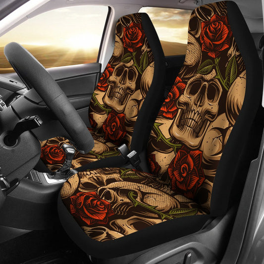 Skull Roses Vintage Design Themed Print Universal Fit Car Seat Covers-JorJune