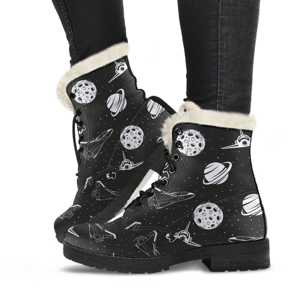 Space Astronauts Print Faux Fur Leather Boots