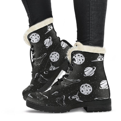 Space Astronauts Print Faux Fur Leather Boots