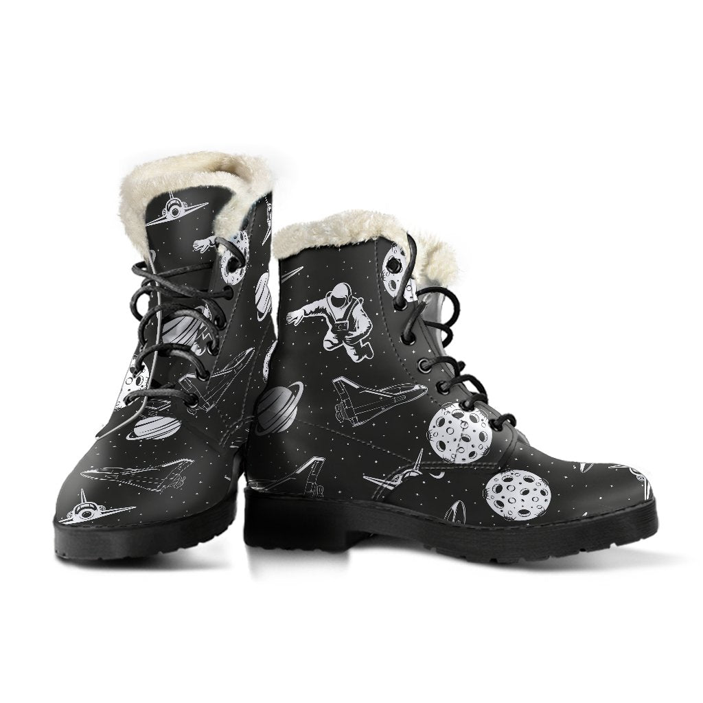 Space Astronauts Print Faux Fur Leather Boots