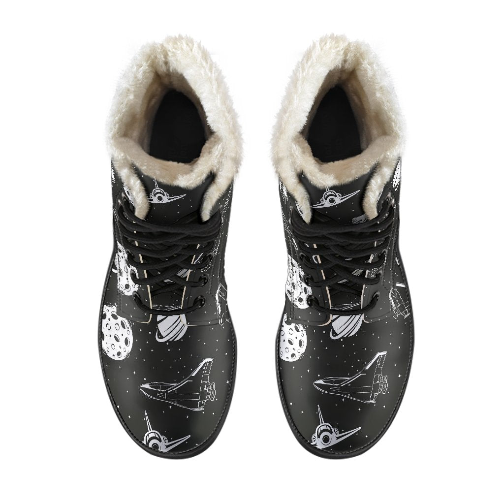 Space Astronauts Print Faux Fur Leather Boots