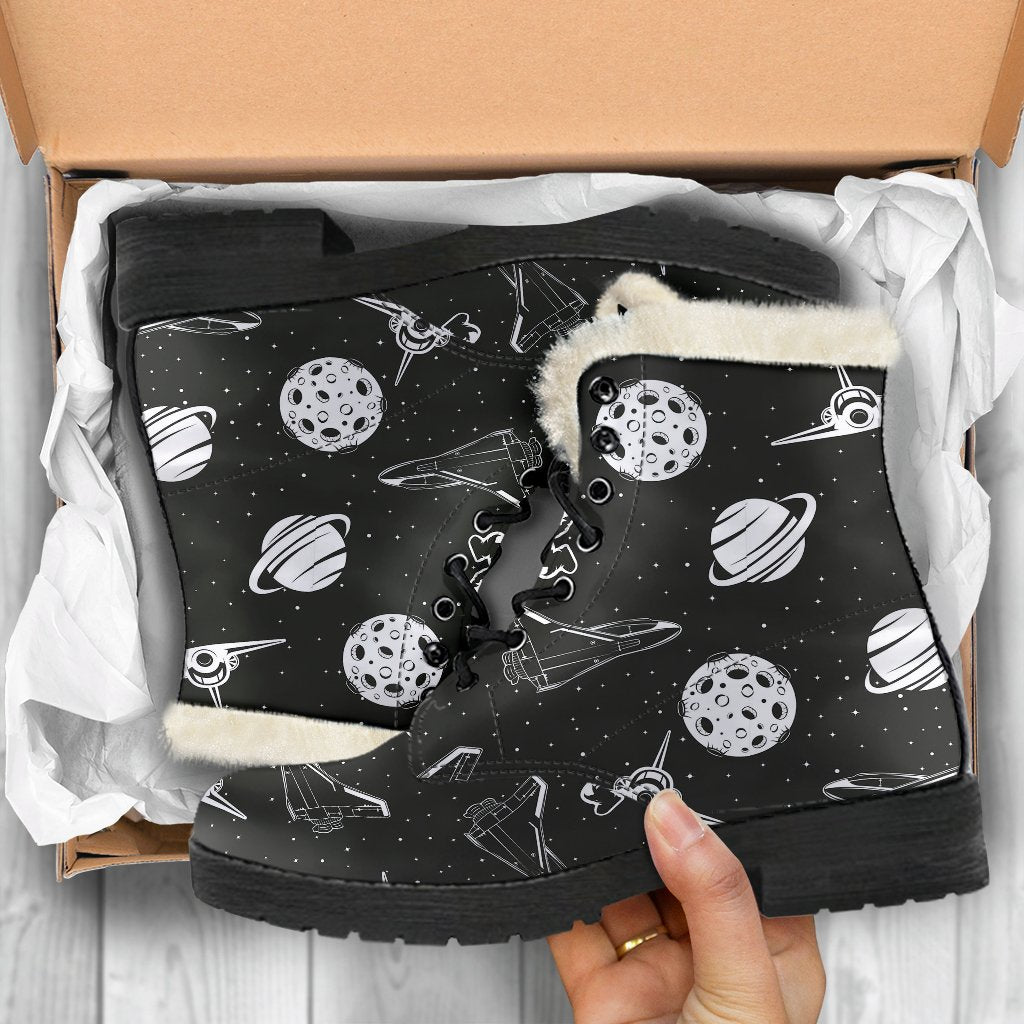 Space Astronauts Print Faux Fur Leather Boots