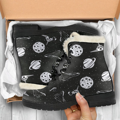 Space Astronauts Print Faux Fur Leather Boots