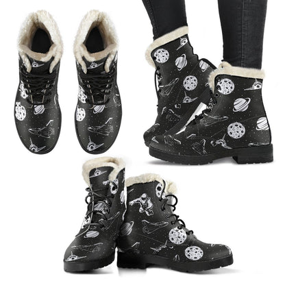 Space Astronauts Print Faux Fur Leather Boots