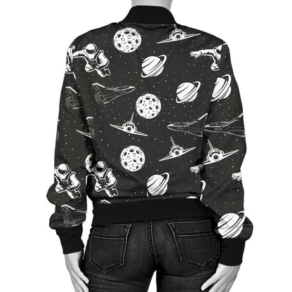 Space Astronauts Print Women Casual Bomber Jacket