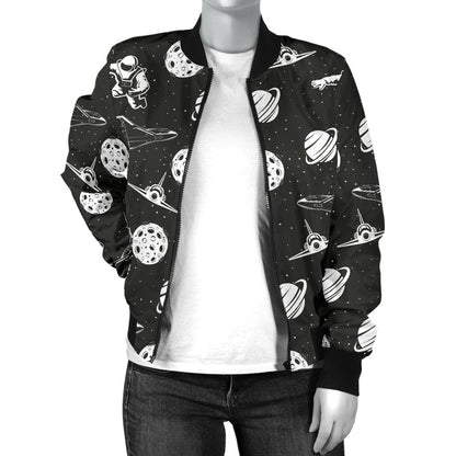 Space Astronauts Print Women Casual Bomber Jacket