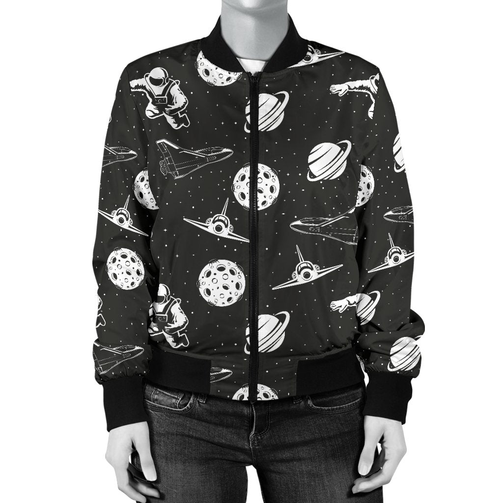 Space Astronauts Print Women Casual Bomber Jacket