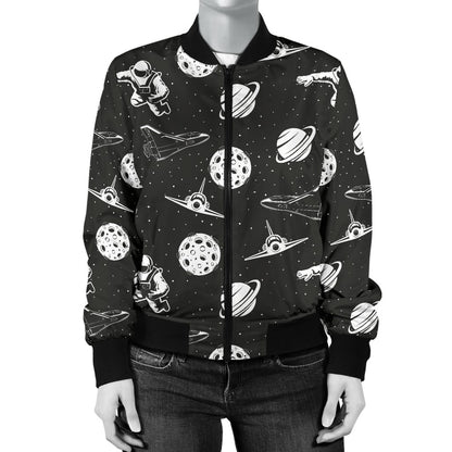 Space Astronauts Print Women Casual Bomber Jacket