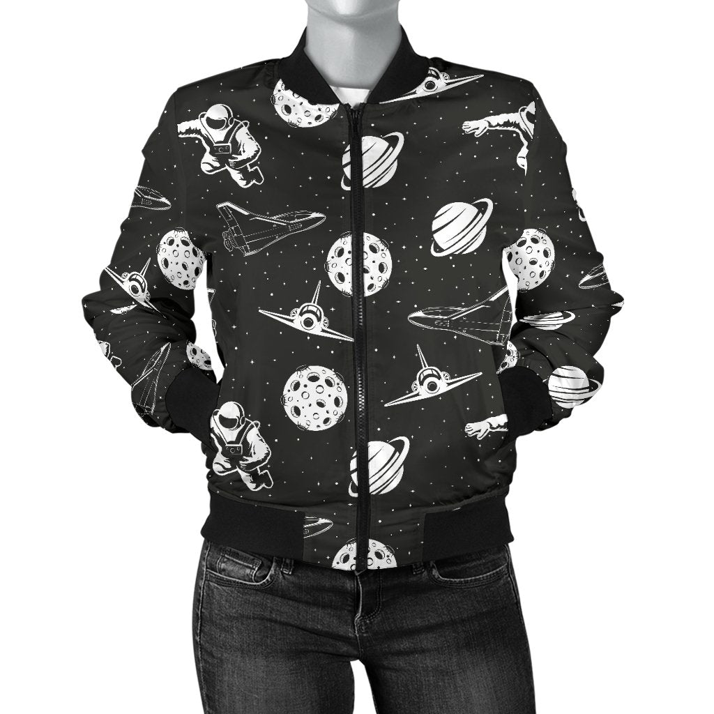 Space Astronauts Print Women Casual Bomber Jacket