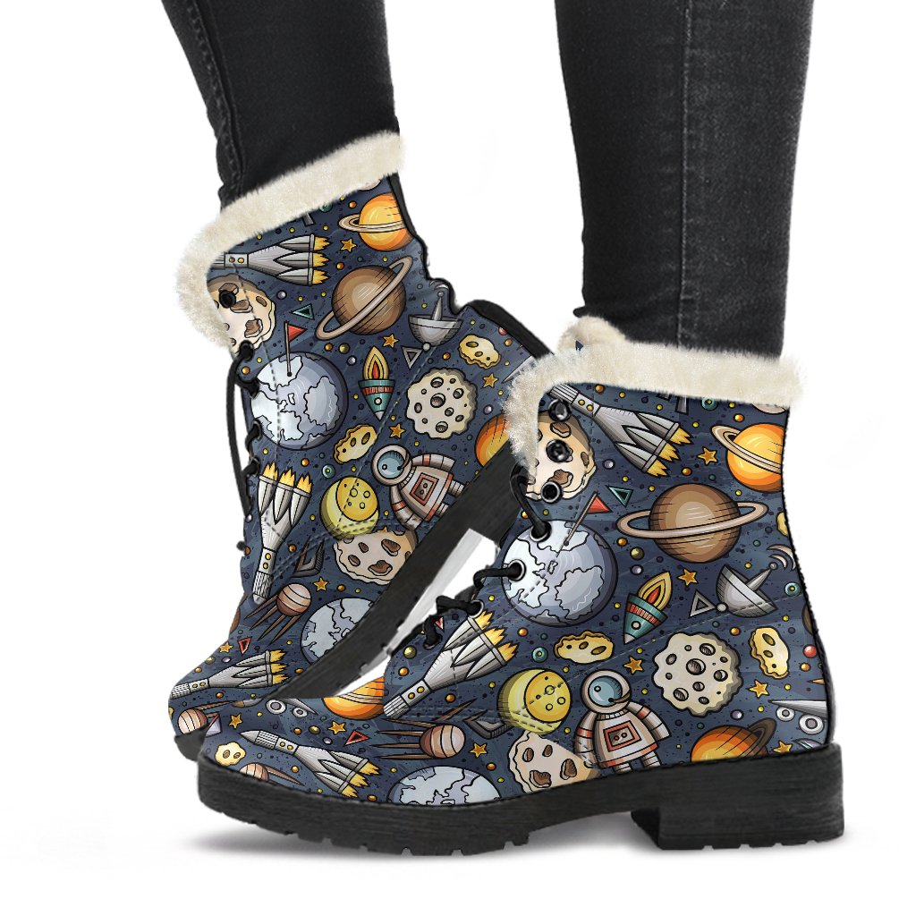 Space Pattern Print Faux Fur Leather Boots