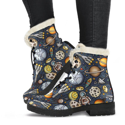 Space Pattern Print Faux Fur Leather Boots