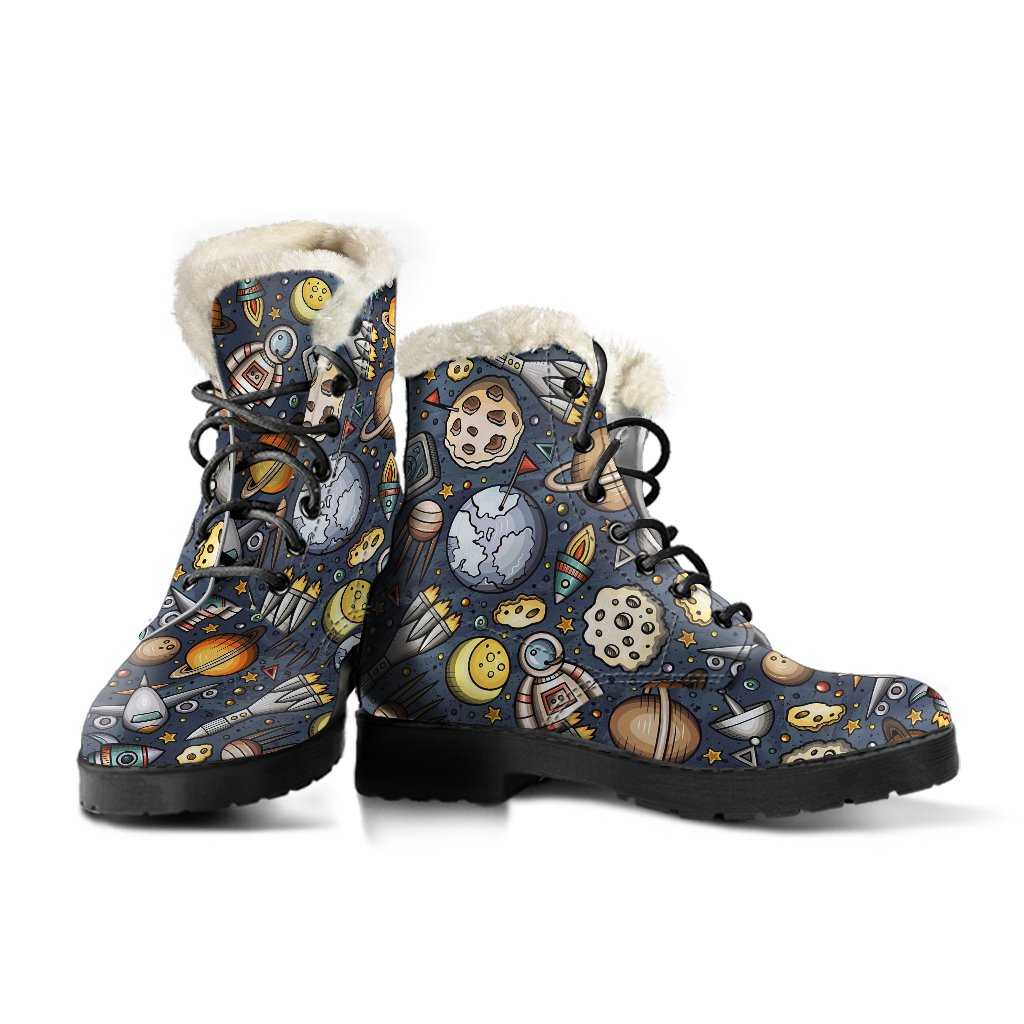 Space Pattern Print Faux Fur Leather Boots