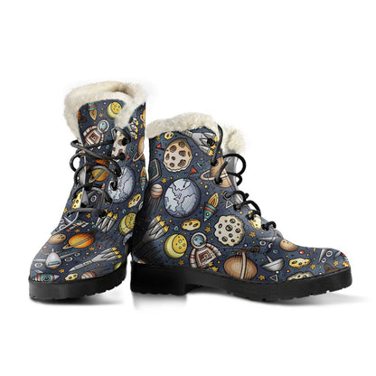 Space Pattern Print Faux Fur Leather Boots