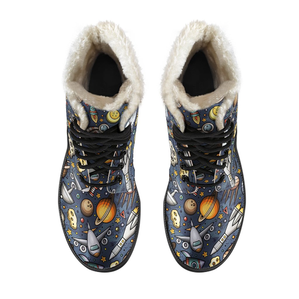 Space Pattern Print Faux Fur Leather Boots
