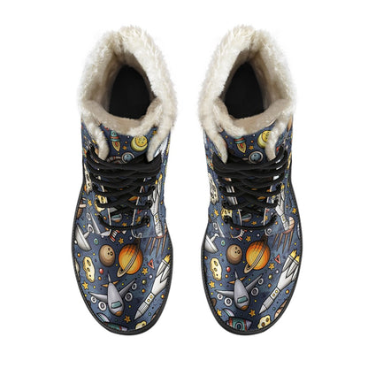 Space Pattern Print Faux Fur Leather Boots