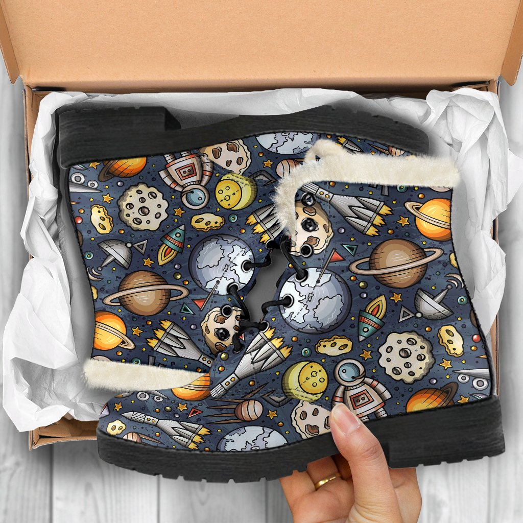 Space Pattern Print Faux Fur Leather Boots