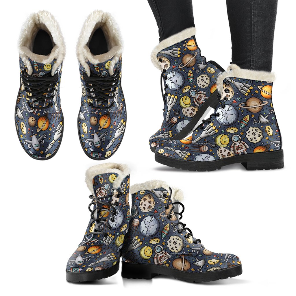 Space Pattern Print Faux Fur Leather Boots