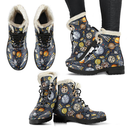 Space Pattern Print Faux Fur Leather Boots