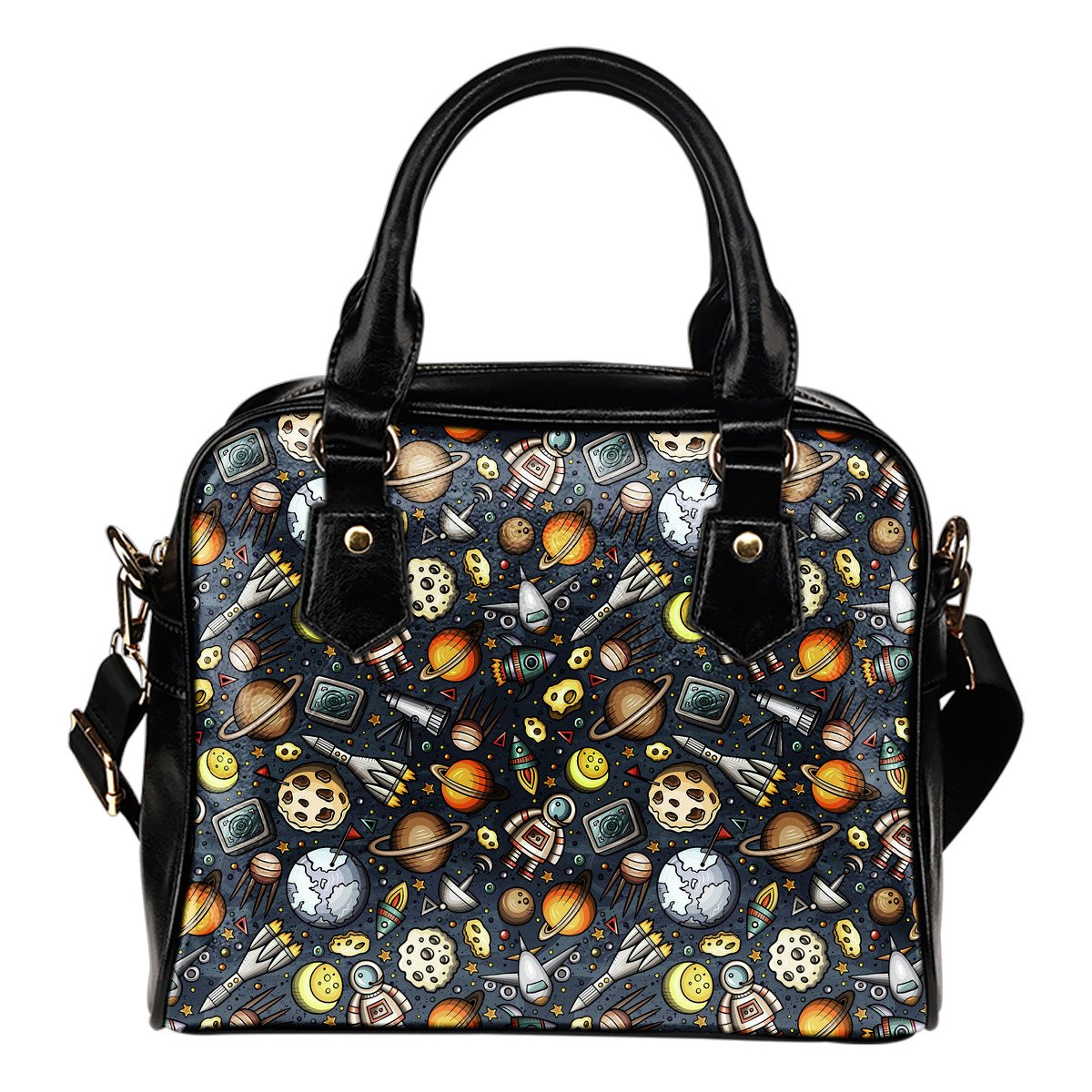 Space Pattern Print Leather Shoulder Handbag