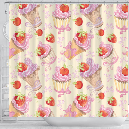 Strawberry Pink Cup Cake Shower Curtain