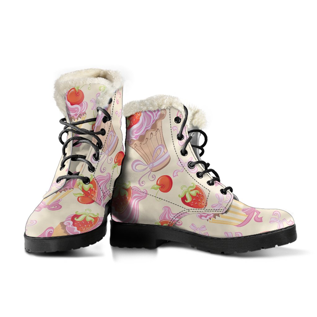 Strawberry Pink Cupcake Faux Fur Leather Boots