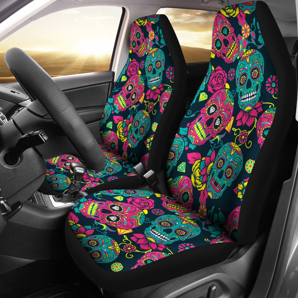 Sugar Skull Floral Design Themed Print Universal Fit Car Seat Covers-JorJune