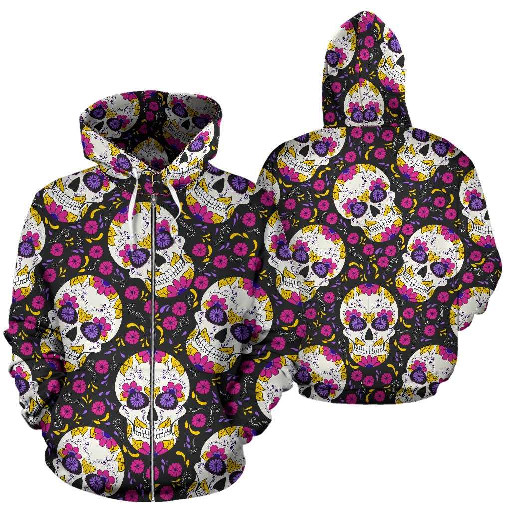 sugar skull Floral Pattern All Over Zip Up Hoodie