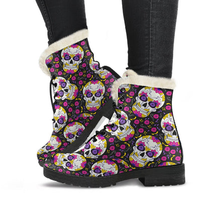 Sugar Skull Floral Pattern Faux Fur Leather Boots