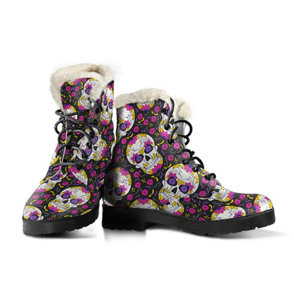 Sugar Skull Floral Pattern Faux Fur Leather Boots