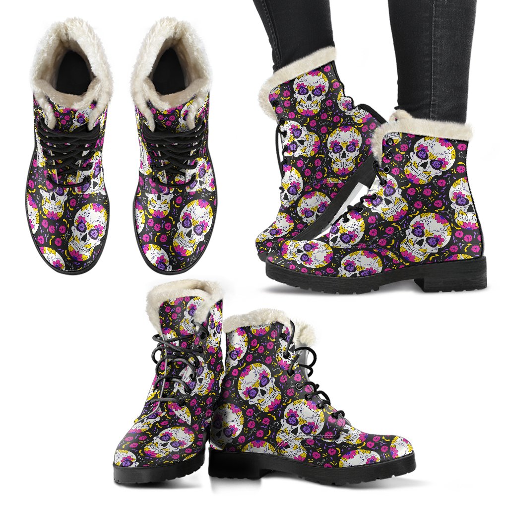 Sugar Skull Floral Pattern Faux Fur Leather Boots