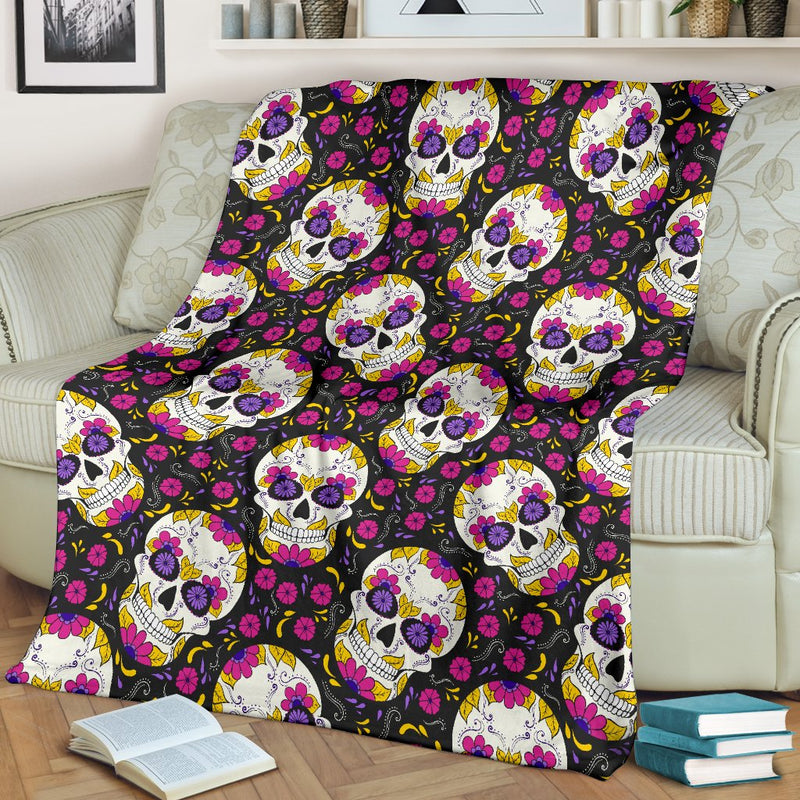 Sugar Skull Floral Pattern Fleece Blanket